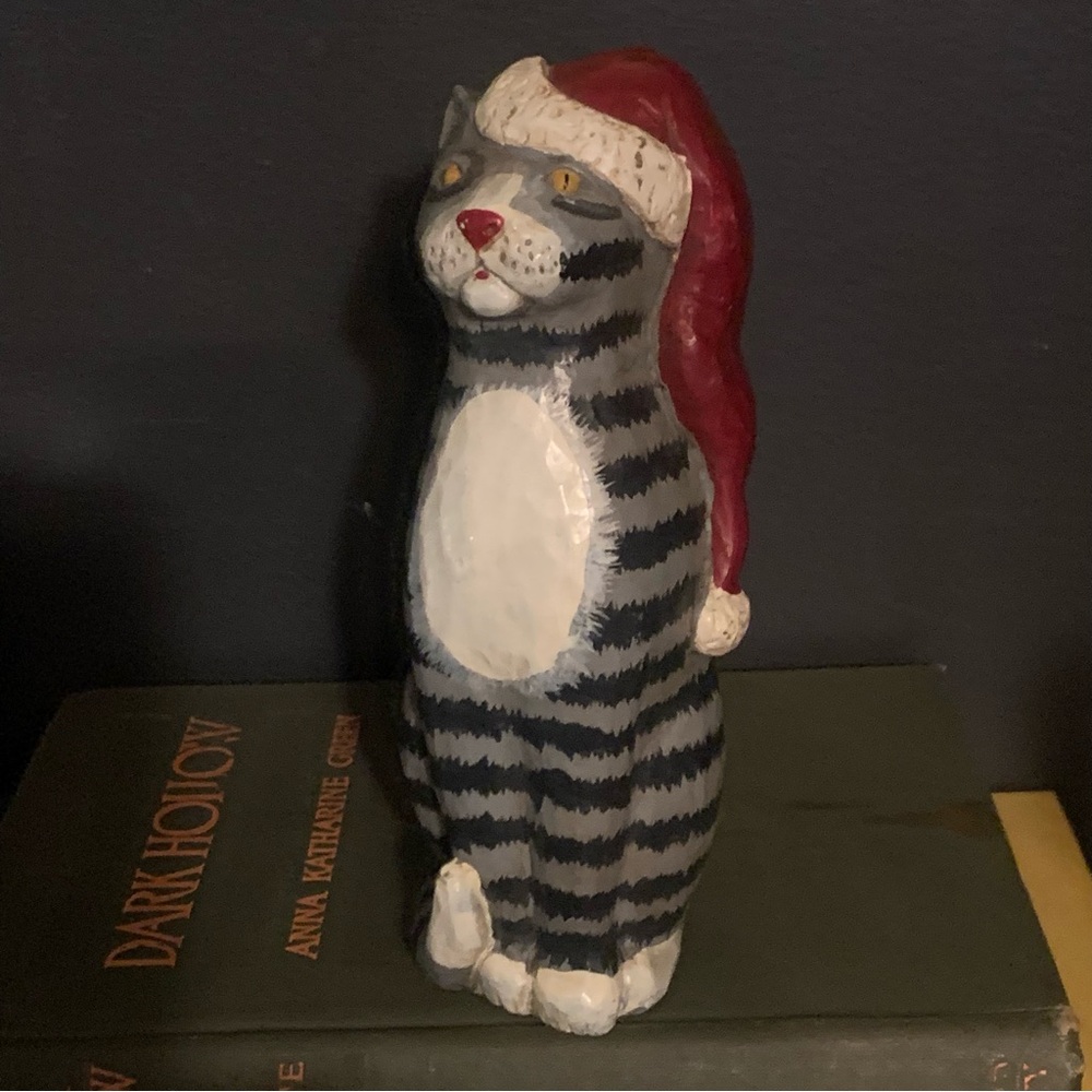 Kurt S Adler Gray Stripe Folk Art Cat With Santa Hat Resin Christmas Figurine